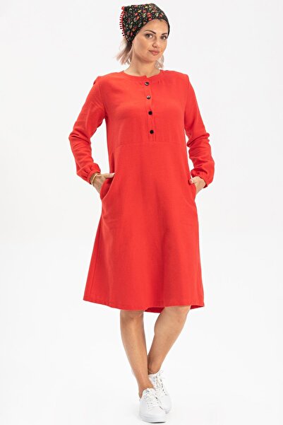 Eliş Şile Bezi Long Sleeve Magnolia Flannel Short Autumn and Winter Dress Red Krmz