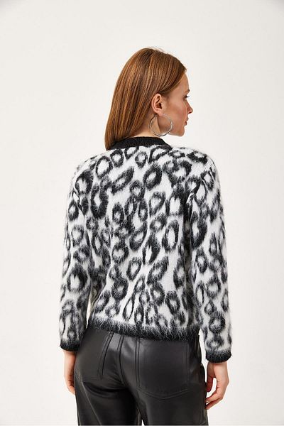CALİENTE Leopard Pattern Bearded Knitwear Short Cardigan White