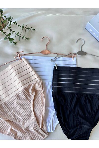 CES'Y LİNGERİE Nora 3-Stripes Corseted Panty Shorts (Pack of 3 White-Tan-Black)