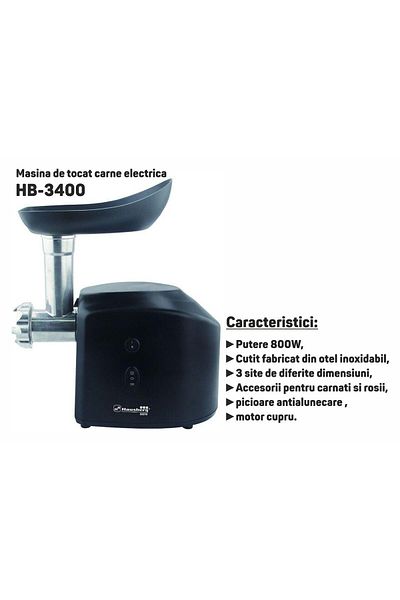 Hausberg Ηλεκτρικός Μύλος Κρέατος Hb-3400, 800w, Μαχαίρι από Ανοξείδωτο Ατσάλι, Αντιολισθητικά Πόδια, Μαύρο