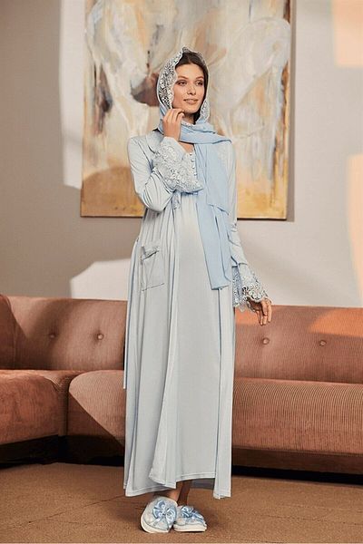 LOHOUSE Women's Blue Lace Shawl Design Maternity Nightgown-Robe and Pajama Set Set of 4