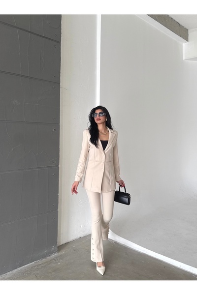 Female Clothing Bej Fleto Cep Düğmeli Blazer Ceket Kemerli Ispanyol Paça Düğmeli Esnek Pantolon Takım Elbise