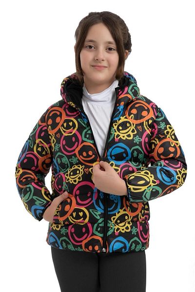 freemen Sports Girl Sports Coat - with Fleece Water and Wind Proof Capщунlu with Pockets and Emoji Content