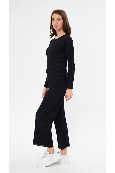 Oyga Set de pijamale pentru femei, negru, cu nervuri și pantaloni de trening, ocazional pentru acasă