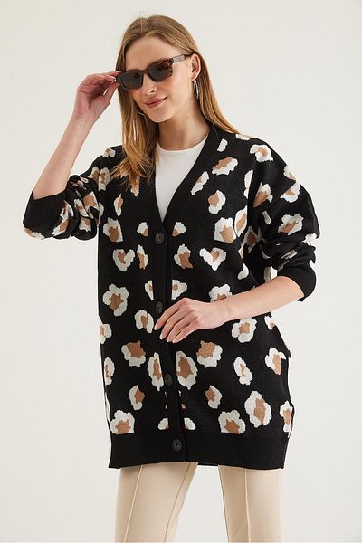CALİENTE Leopard Pattern Buttoned Cardigan Black