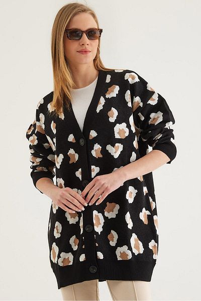 CALİENTE Leopard Pattern Buttoned Cardigan Black