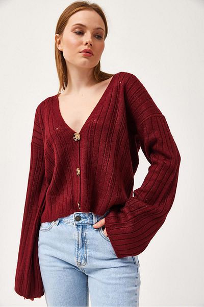 CALİENTE Double Breasted Collar Buttoned Knitwear Cardigan Claret Red