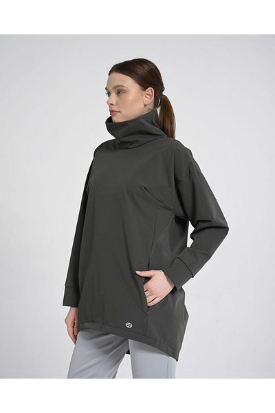 Monolou Wrap Back Stand Collar Stretch Fabric Pocket Sweatshirt Anthracite