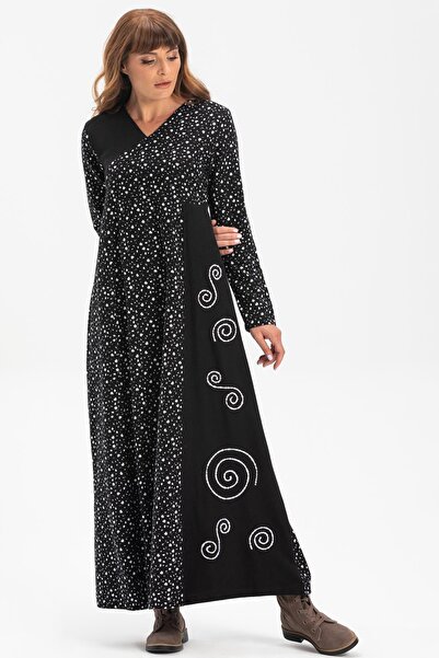 Eliş Şile Bezi Μακρυμάνικο διπλό φανελένιο μακρύ φόρεμα φθινοπώρου και χειμώνα με τραγανό σχέδιο Λευκό Byz