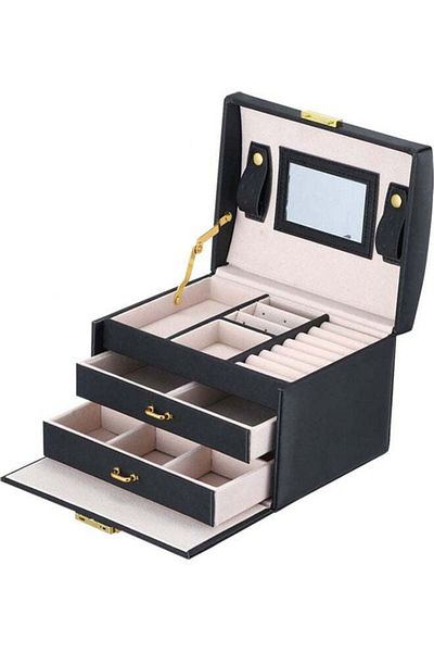COOYA Fashionable PU Leather Jewelry Box Three-layer Design Double Drawers Storage Case Organizer Black