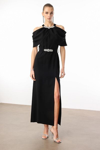 Moda İlgi Black Detailed Dress - with Collar and Belt Accessories
