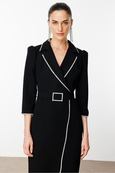 Moda İlgi Black Double-breasted Fashionable Dress - Stripe and Stone Detail