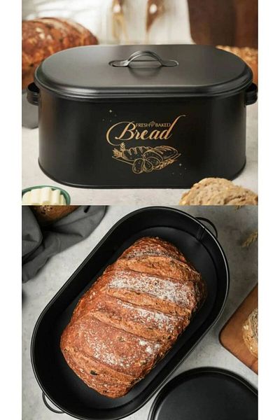 Bayev Metal Black Lidded Bread Box - Presentation Bread Bowl for Stylish Tableways