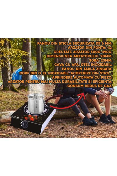 ertone Aragaz ERTONE MN-1101 din sticla securizata, 1 ochi din fonta, aprindere pe quartz, negru