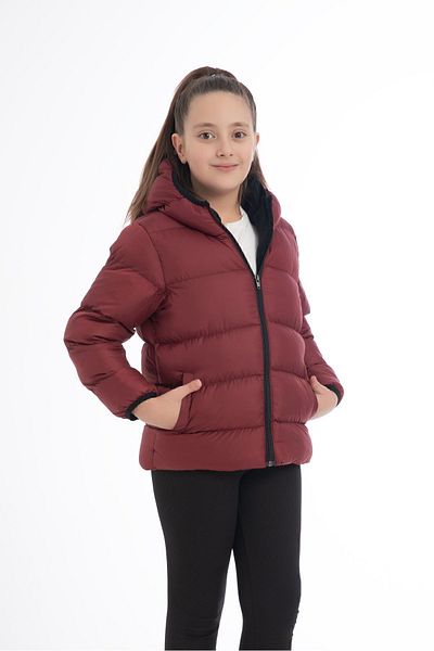 freemen Sports Girl Sports Children's Fleece-Lined Fur Hooded Waterproof Wind-Resistant Coat with Pockets