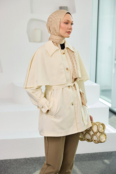 LOCCO Kadın Omuz Apolet Detaylı Kısa Trenç  Ekru