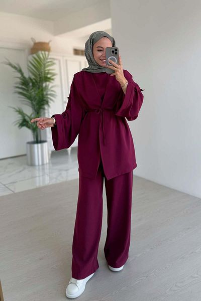 Ka Hijab Three-Piece Suit with Bow Detail on Sleeves - Plum
