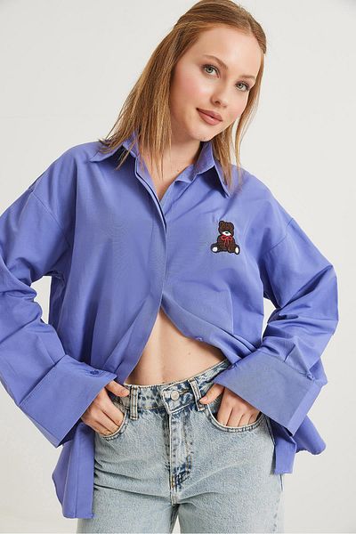 CALİENTE Cămașă de bază oversize brodata cu ursuleț liliac