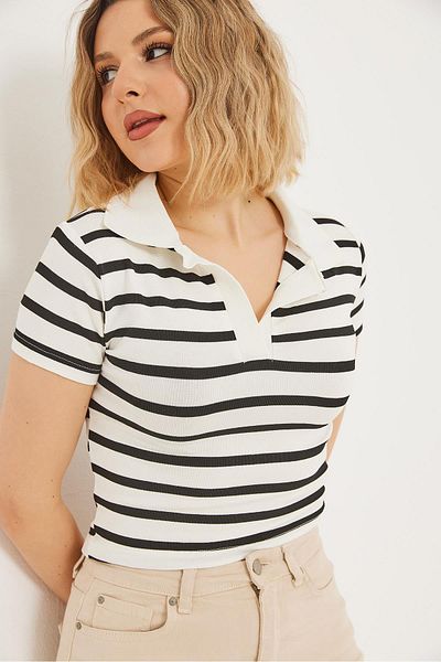 CALİENTE Μπλούζα Polo Collar Striped Crop Μαύρη