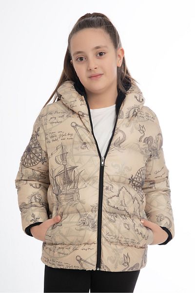 freemen Sports Girl Sports Children Beige Compass Pattern Fleece Water and Windproof Hooded Coat with Pockets