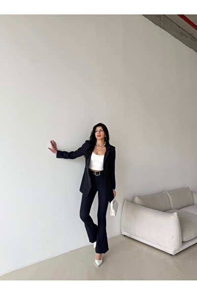 Female Clothing Lacivert Fleto Cep Düğmeli Blazer Ceket Kemerli Ispanyol Paça Düğmeli Esnek Pantolon Takım Elbise