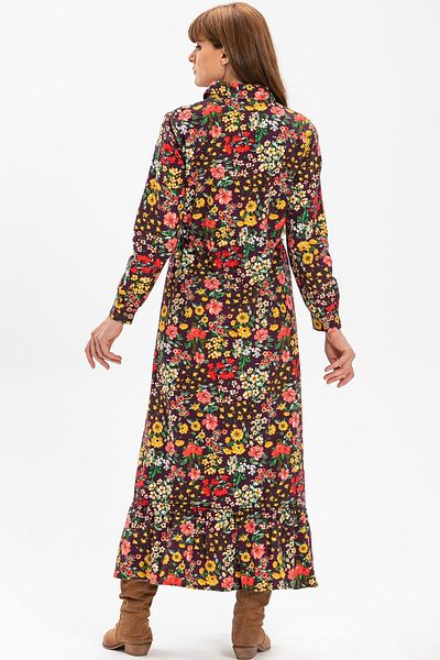 Eliş Şile Bezi Μακρυμάνικο Rosequin Flannel Μακρύ Φθινοπωρινό και Χειμερινό Φόρεμα Ανοιξιάτικο Μοτίβο Μωβ Μωβ