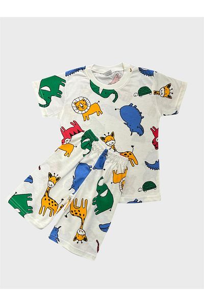 ALİŞ KİDS Boys' Cotton White Elephant Zebra Safari Patterned Short Sleeve Shorts Summer Pajama Set