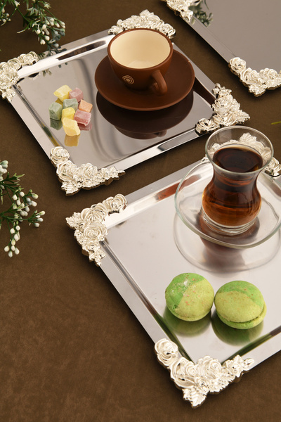 AKSESUAR EVRENİ Alvio Stainless Square 4 Corner Silver Flower Detailed Presentation Tray Silver Set of 3