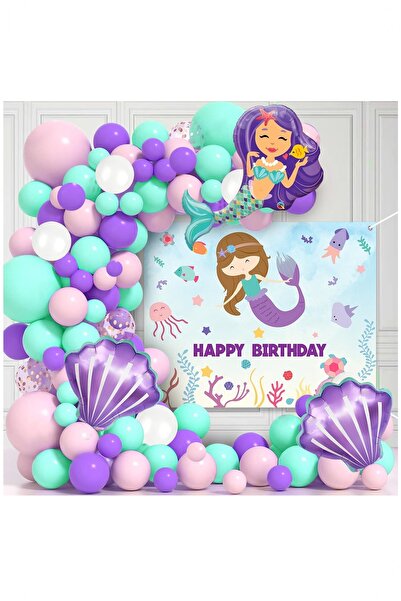 Partile Deniz Kızı Folyo Balonlu Doğum Günü Konsepti Parti Kutlama Eğlence