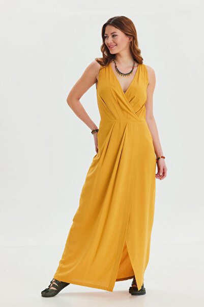 Los banditos V Yaka Yırtmaç Detaylı Uzun Elbise