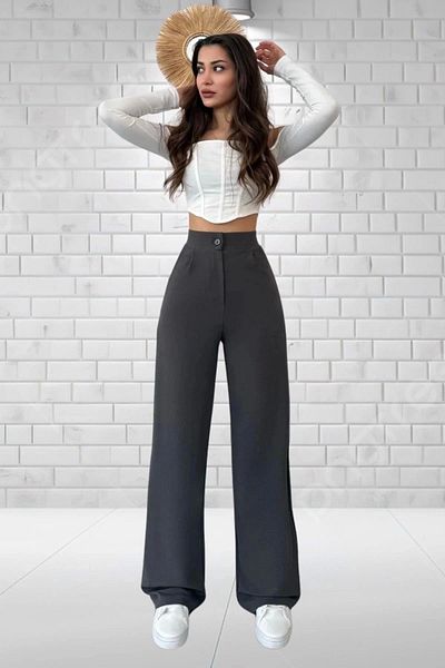 PALAZZO Women's Anthracite High Waist Crepe Fabric Lycra Palazzo Trousers