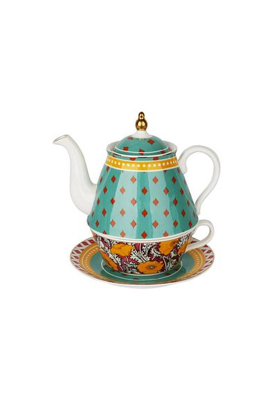 Lucky Art Eliana Bone - Porcelain Patterned Single Teapot and Cup Set