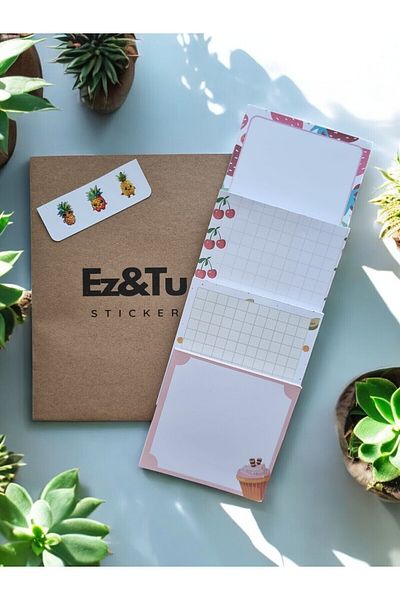Ez&Tu Stıcker Set of 4 Patterned Cube with Strawberry and Cherry Avocado Cake Sticker Gift