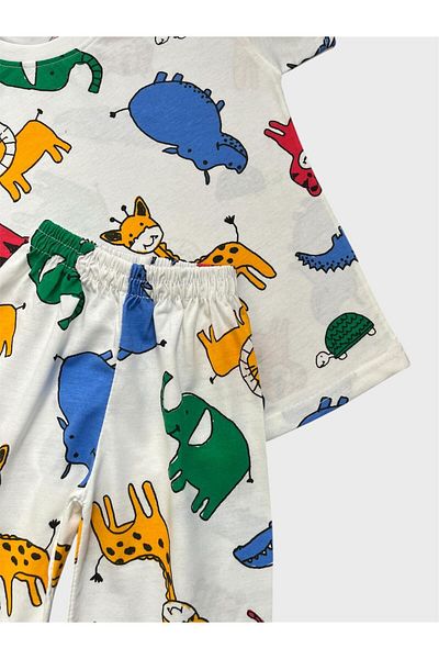 ALİŞ KİDS Boys' Cotton White Elephant Zebra Safari Patterned Short Sleeve Shorts Summer Pajama Set