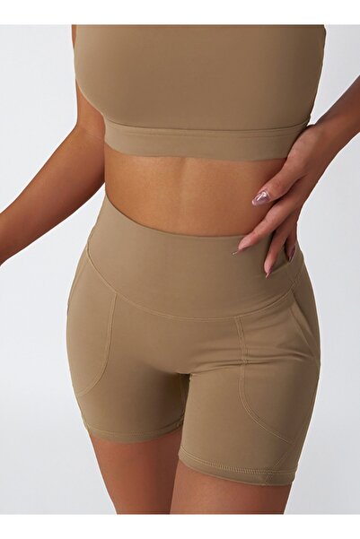 KAWN YOGA شورت رياضي نسائي عالي الخصر بدون درزات للتحكم في البطن مع جيوب.