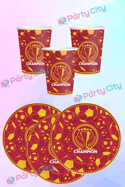 Party City Champion Yellow-Red Themed Birthday Cardboard Plate Cup Set for 8 People