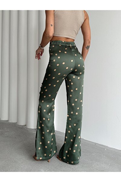 Maldia Shop Women's Satin Fabric Leg Slit, Elastic Waist, Side Zipper Wide Leg Trousers