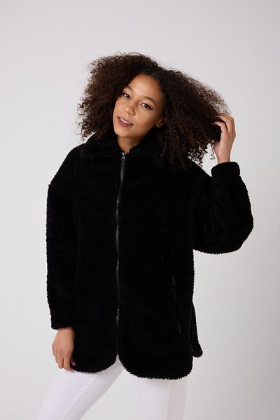 firststops Sık Studio Clothes - Women's Black Plush Windproof Welsoft Closed Coat