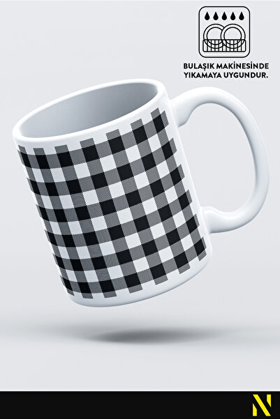 nilizma Black Colored Plaid Gingham Patterned Mug – 330 ml Mug |   Stylish and Durable Design