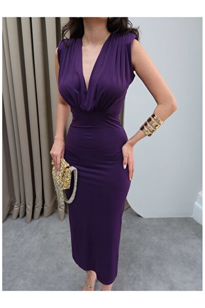 ESRAHELVACI Shoulder Gathered V-Neck Detailed Dress