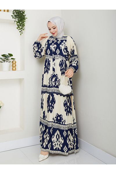 MODAMERSİ Γυναικείο Μουσουλμανικό Φόρεμα Κρεμ Navy Blue Viscose με κουμπιά μπροστά