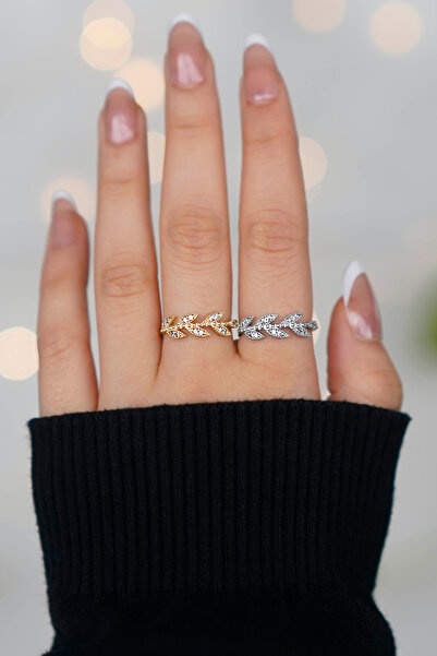 TREND COLLECTİON Zircon Stone Leaf Crown Adjustable 2 Pieces Gold-Silver Wome...