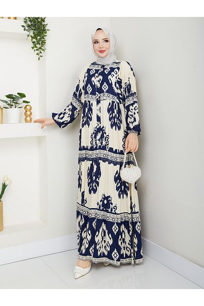 MODAMERSİ Γυναικείο Μουσουλμανικό Φόρεμα Κρεμ Navy Blue Viscose με κουμπιά μπροστά