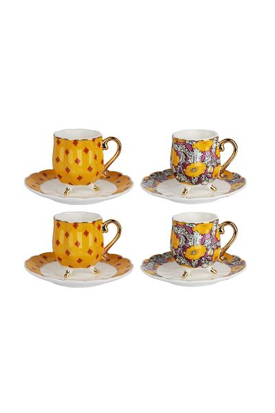 Lucky Art Eliana Bone Set of 4 Coffee Cups with Footed Tray