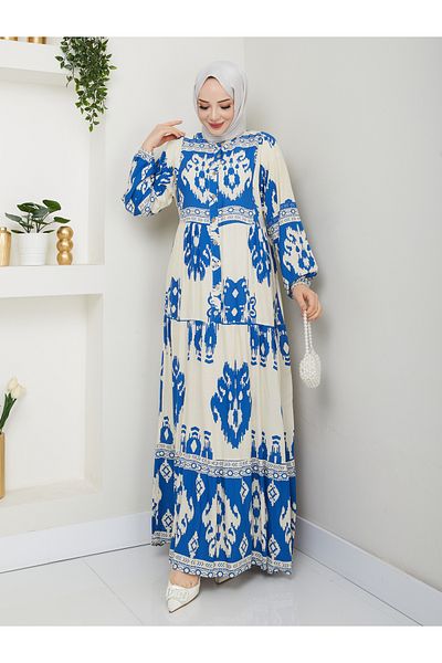 MODAMERSİ Γυναικείο Κρεμ Μπλε Βισκόζη Φόρεμα Hijab με στάμπα με κουμπί μπροστά