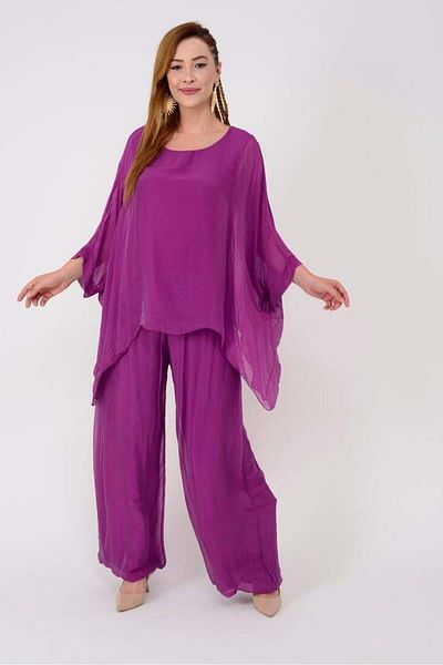 Bohem Stil Italian Lined Bat Sleeve Silk Blouse & Pants Set
