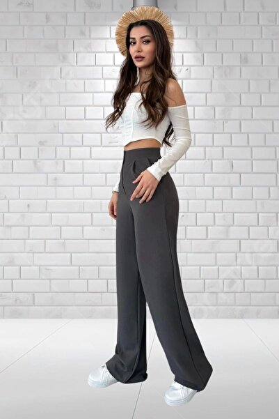 PALAZZO Women's Anthracite High Waist Crepe Fabric Lycra Palazzo Trousers