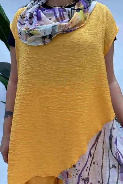 GÖKSEL Plus Size Orange Chiffon Asymmetrical Linen Tunik