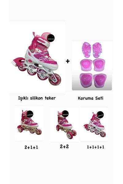 TOPROCKSTORE Lighted Children's Skates Adjustable Practice Silicone Wheels with Brakes Metal Body Skates Knee Pad Set