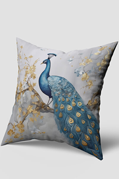 EsnafAli Жълто-синя калъфка за възглавница с тропически паунов мотив